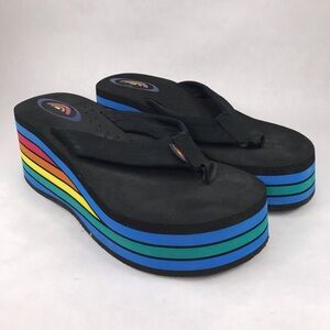 Rainbow Women Medium 6.5 7.5 Sandals 6 Layer Rainbow Leather Wedge Flip Flops